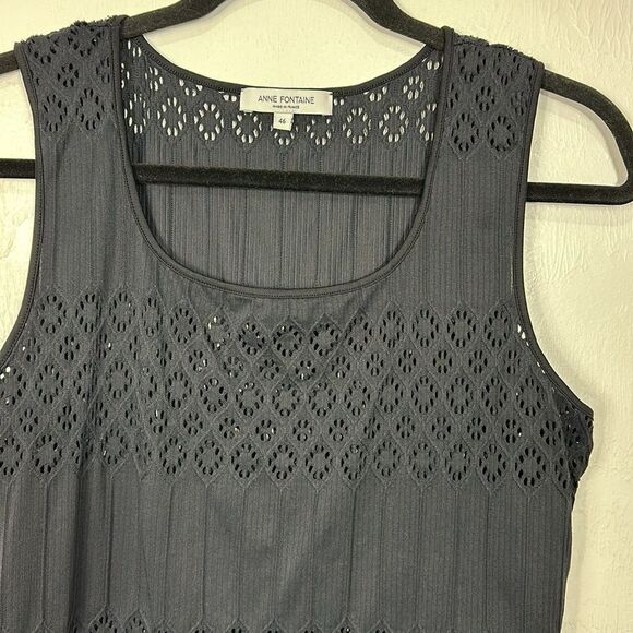 Anne Fontaine Cassandra Black Square Neck Lazer Cut Tank Top Size 14 - Picture 2 of 7